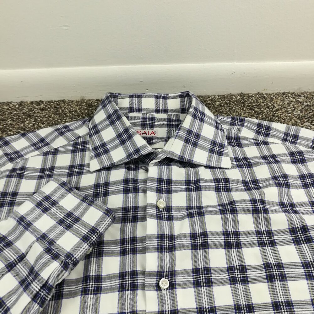 Isaia Napoli Dress Shirt Blue Plaid Size 17.5 | 44